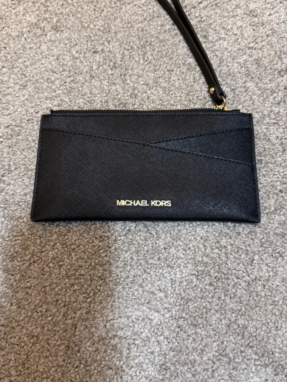 Michael Kors Black Saffiano Zip Wristlet with Gold Logo